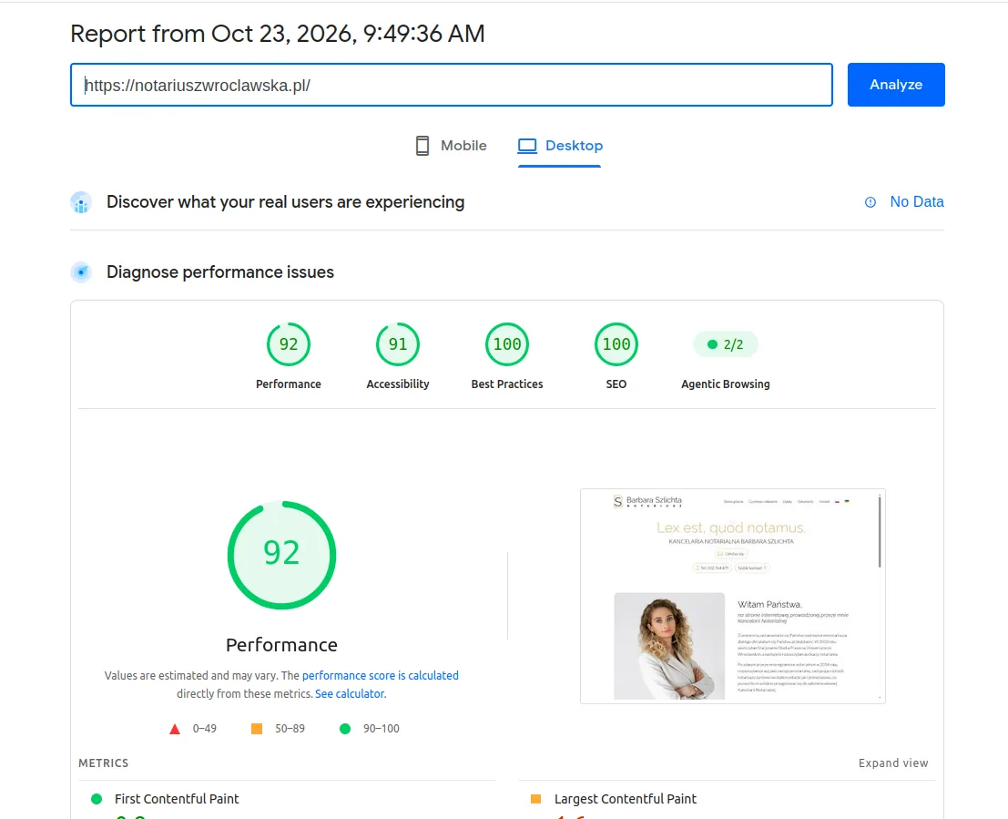 PageSpeed Insights desktop report: performance 92, SEO 100.