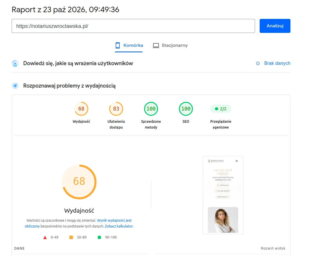 Raport PageSpeed Insights dla mobile: wydajność 68, SEO 100.