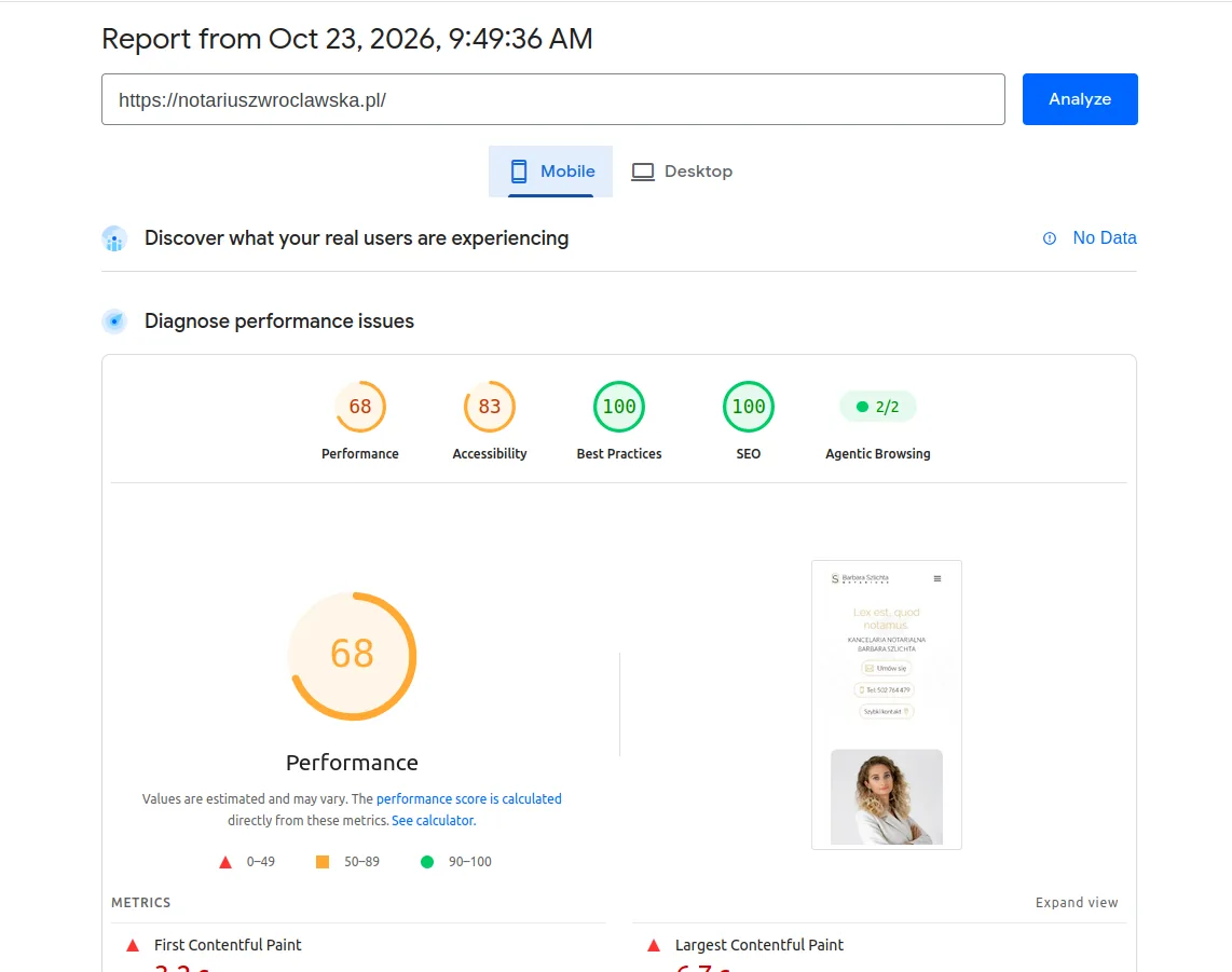 PageSpeed Insights mobile report: performance 68, SEO 100.