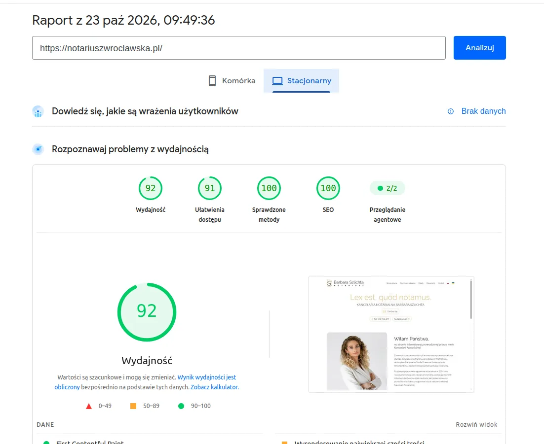 Raport PageSpeed Insights dla desktopu: wydajność 92, SEO 100.